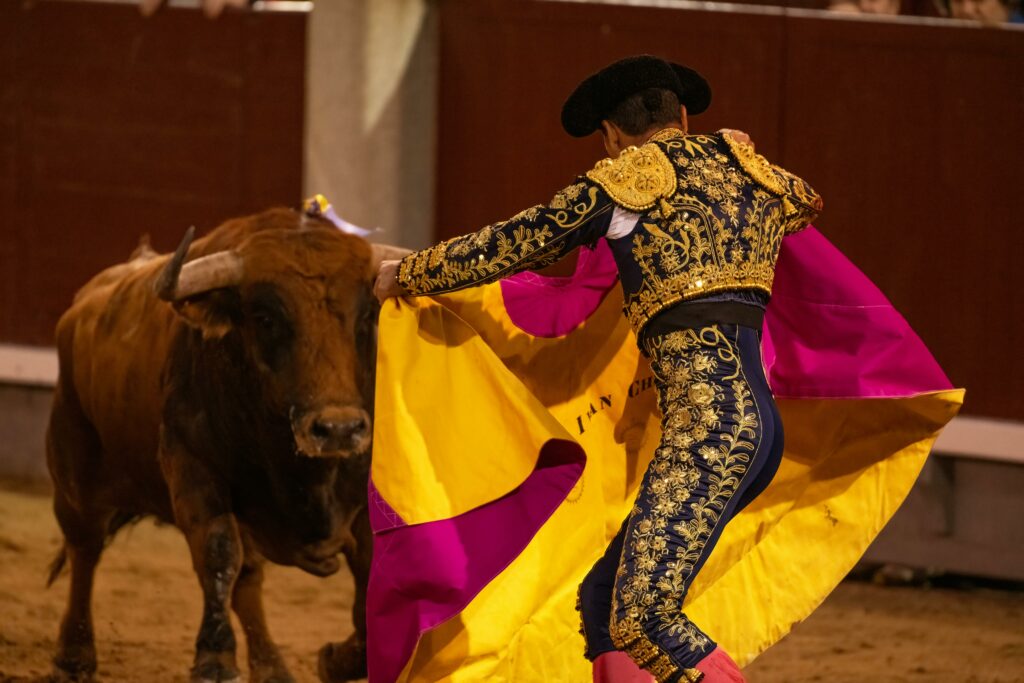 Torero en costume doré face à un taureau avec une cape jaune et rose dans une arène.